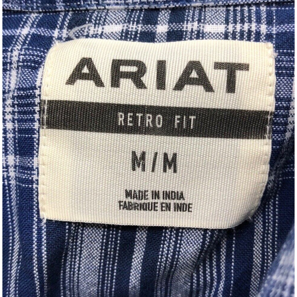 Ariat Retro Fit Shirt Medium Pearl Snap Brushed Cotton Mens Western Blue Plaid - Picture 6 of 8